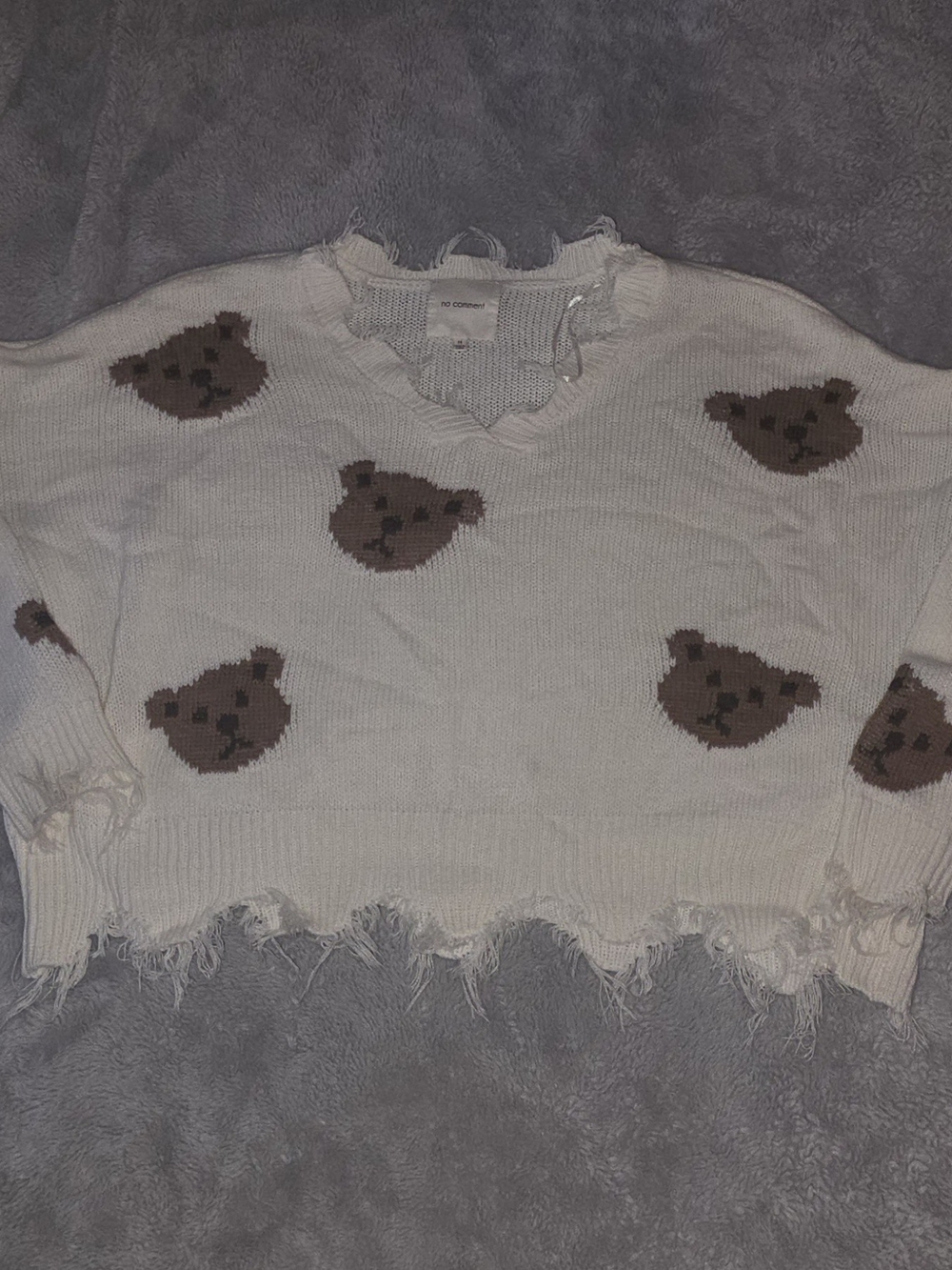 Distressed Ivory V-Neck Sweater with Brown Bear Intarsia
